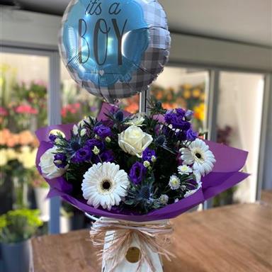 Flowers And Balloons Welcome Baby Boy Flower Arrangement Baby Boy